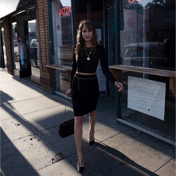 Long Sleeve Crew Neck Basic Stretch Crop Skirt Set - Picture 2 of 10